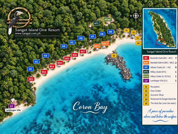 Karte des Sangat Island Dive Resort in Coron, Palawan mit Chalets, Tauchcenter und Lageplan für den Kompaktkurs Tauchmedizin 2027