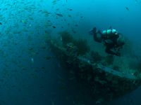 Bug des Irako Wracks bei einem Nachttauchgang in der Coron Bay bei Sangat Island