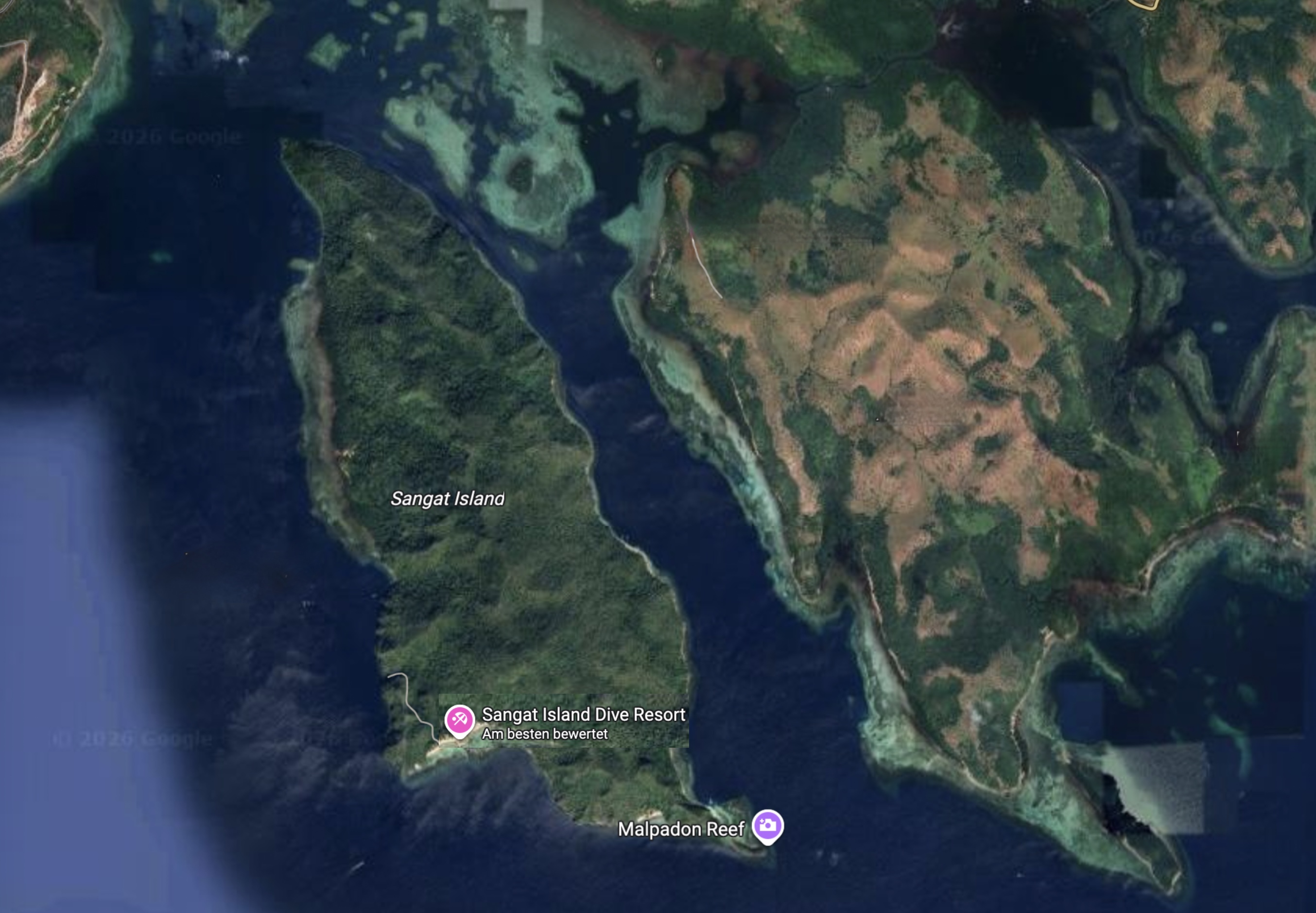 Satellitenansicht von Sangat Island mit Lage des Sangat Island Dive Resorts in der Coron Bay auf Palawan